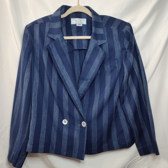 Christian Dior Blazer Women's 12 Vintage Double Breasted Navy Stripes Linen RARE - Picture 1 of 11